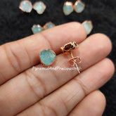 Raw Aquamarine Electroplated Stud Earrings, Copper Plated Jewelry, March Birthstone, Sold By Pair